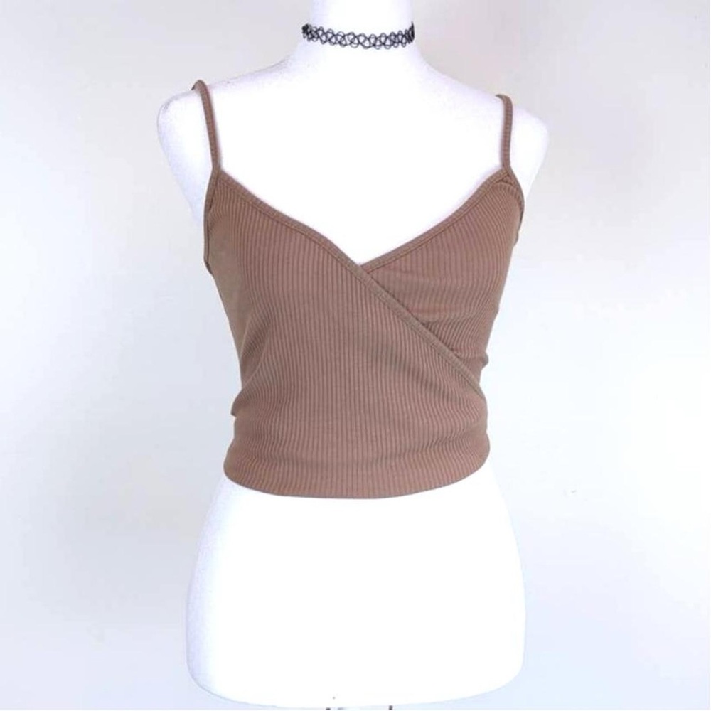Brown Ribbed wrapped style crop top tank new sz large